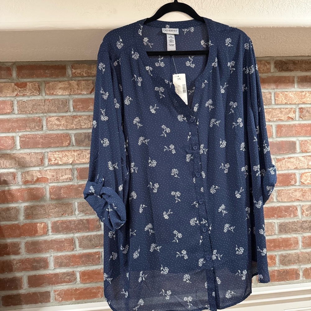 Catherine's Navy Floral Dotted Sheer Button-Down Tunic Top - Picture 3 of 4